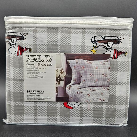 Berkshire Peanuts Snoopy Woodstock Christmas Holiday Queen Sheet Set Plaid Gray - Picture 2 of 2